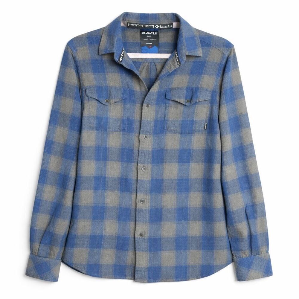 KAVU Plaid Flannel Shirt Cotton Blue Gray Men L Outdoor Rugged Casual